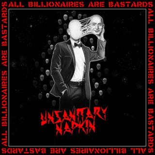 Jeff Bezos in space, surrounded by tiny floating skulls, pulling his face away to reveal a blank head. The cover is inspired by the VHS cover for the Brian Yuzna film, Society.